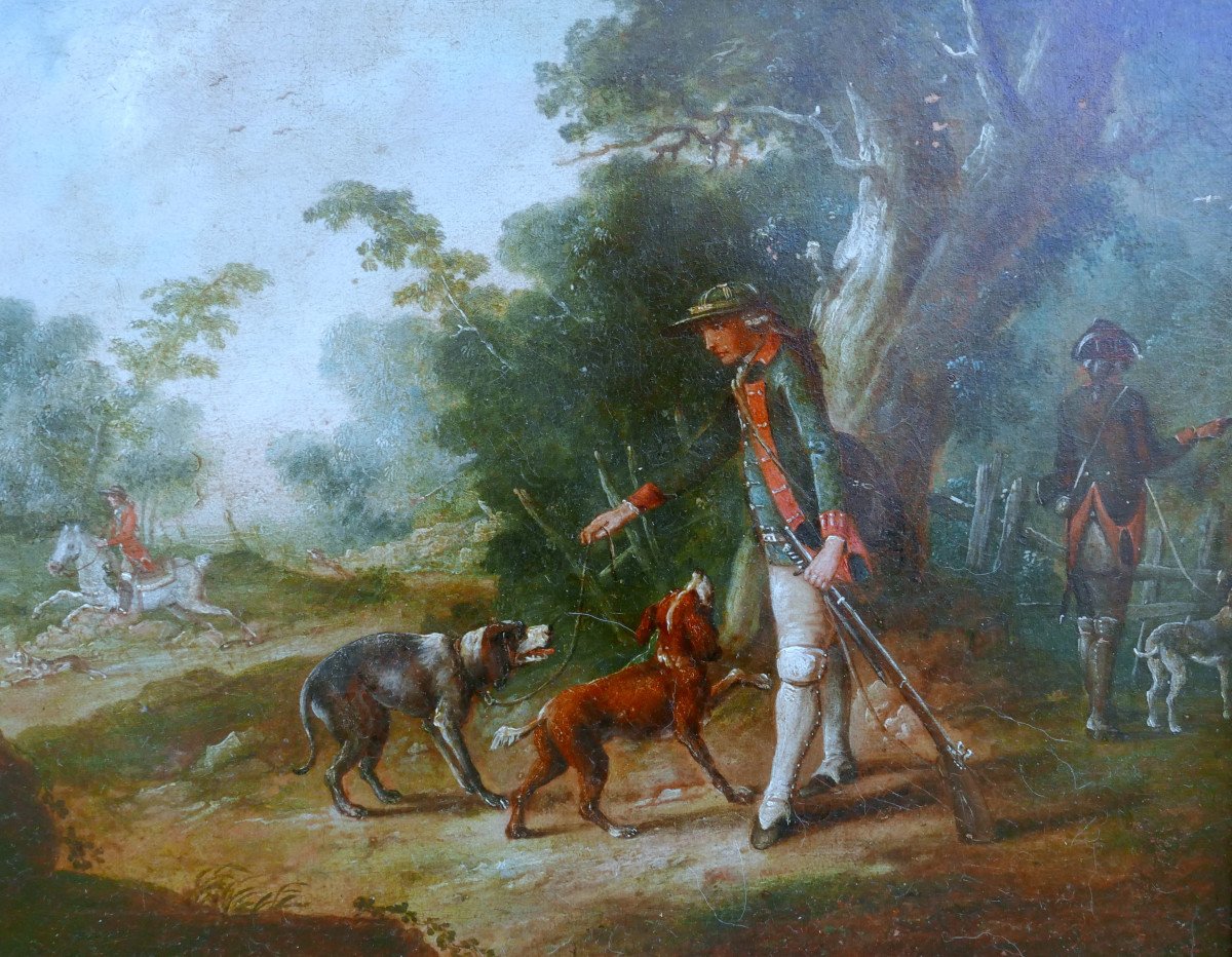 18th Century Oil/canvas Dog Hunting Scene Painting-photo-1