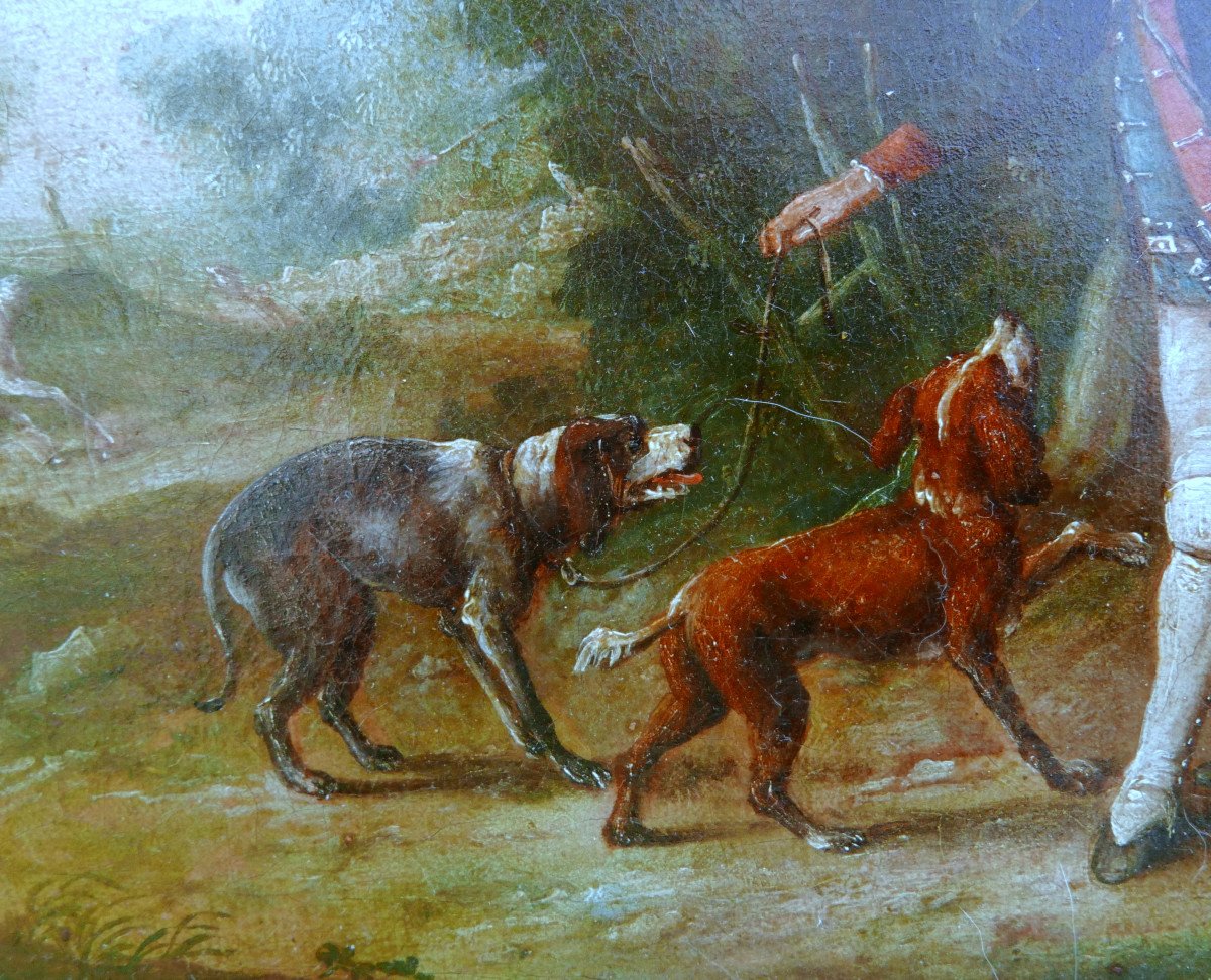 18th Century Oil/canvas Dog Hunting Scene Painting-photo-4
