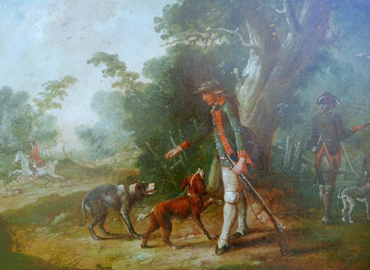 18th Century Oil/canvas Dog Hunting Scene Painting-photo-5