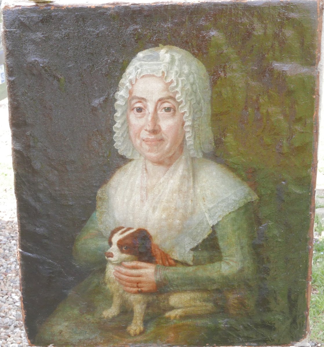 Portrait Of Woman With Dog Louis XV Period Oil/canvas From The 18th Century-photo-3
