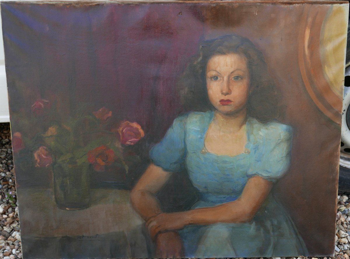 Prevosti Portrait Of Young Woman With Bouquet Of Roses Oil/canvas From The 20th Century-photo-2