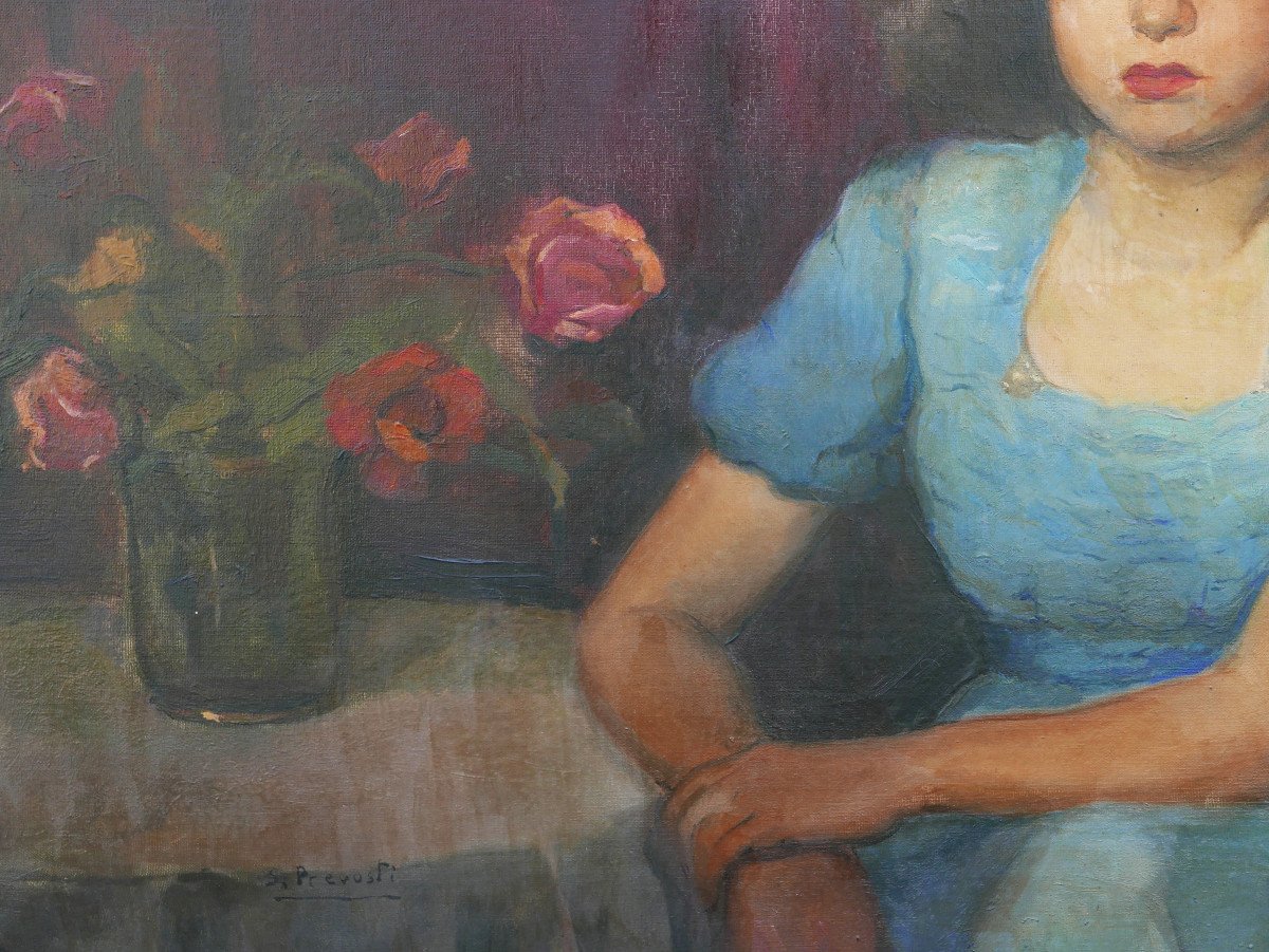 Prevosti Portrait Of Young Woman With Bouquet Of Roses Oil/canvas From The 20th Century-photo-1