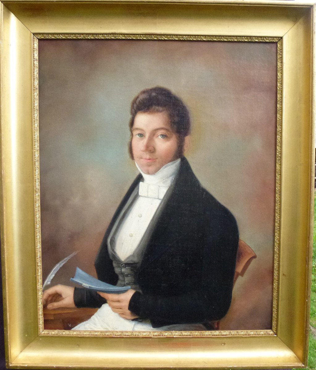 Large Portrait Of Young Man First Empire Period Oil/canvas Early 19th Century-photo-2