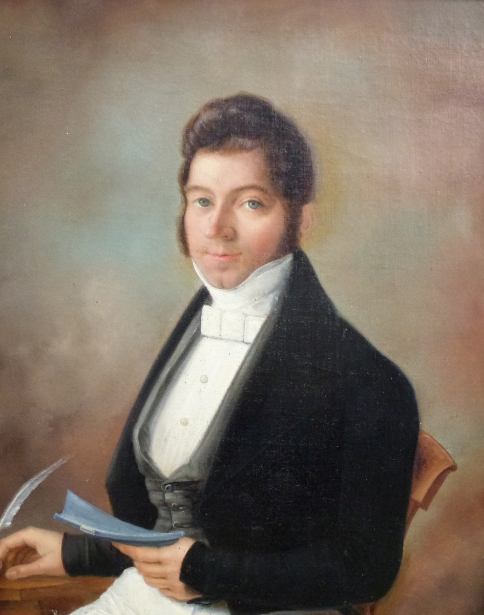 Large Portrait Of Young Man First Empire Period Oil/canvas Early 19th Century-photo-4