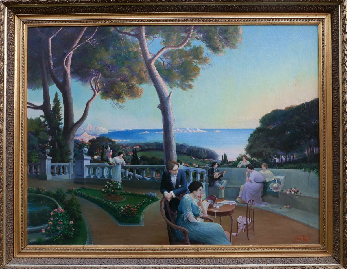 Large Painting Genre Scene Animated Terrace Oil/canvas 19th Century Signed-photo-2