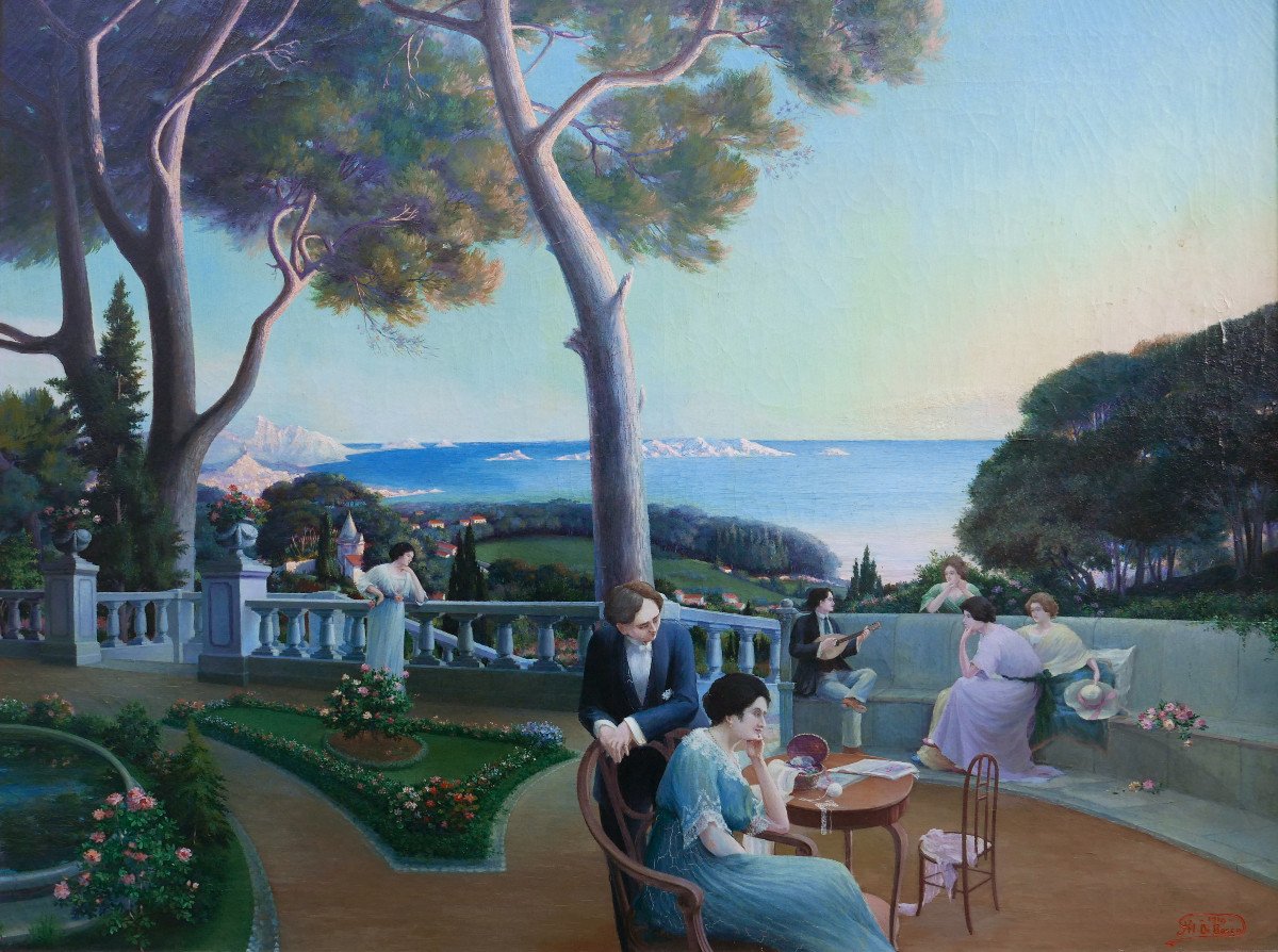 Large Painting Genre Scene Animated Terrace Oil/canvas 19th Century Signed-photo-4
