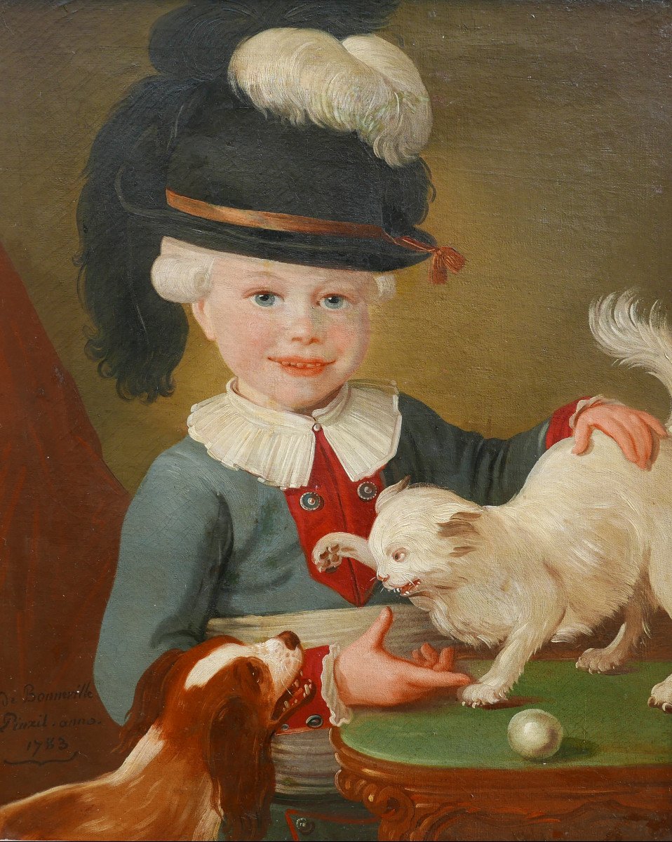 Bonneville Portrait Of Young Man Dog And Cat Oil/canvas From The 18th Century-photo-3