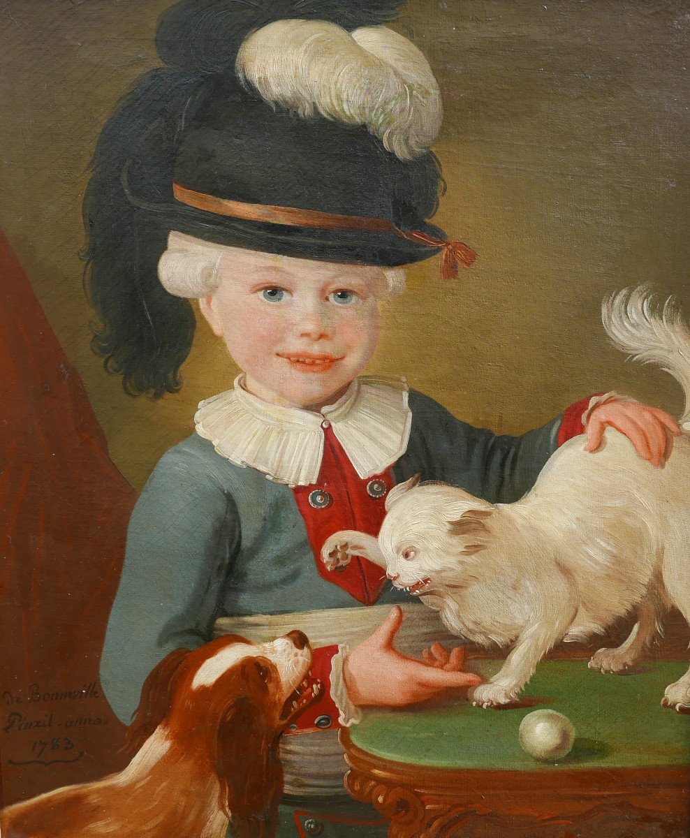 Bonneville Portrait Of Young Man Dog And Cat Oil/canvas From The 18th Century-photo-4