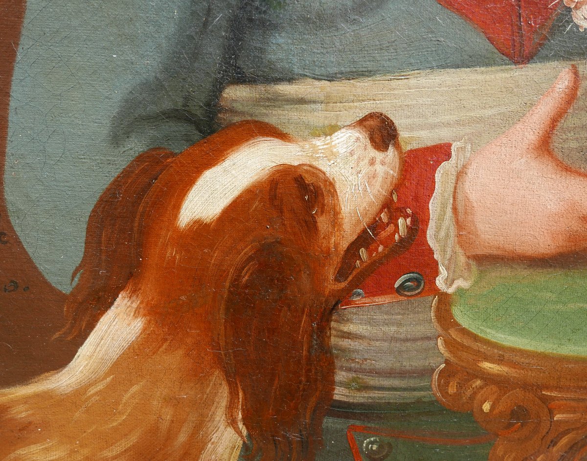 Bonneville Portrait Of Young Man Dog And Cat Oil/canvas From The 18th Century-photo-4
