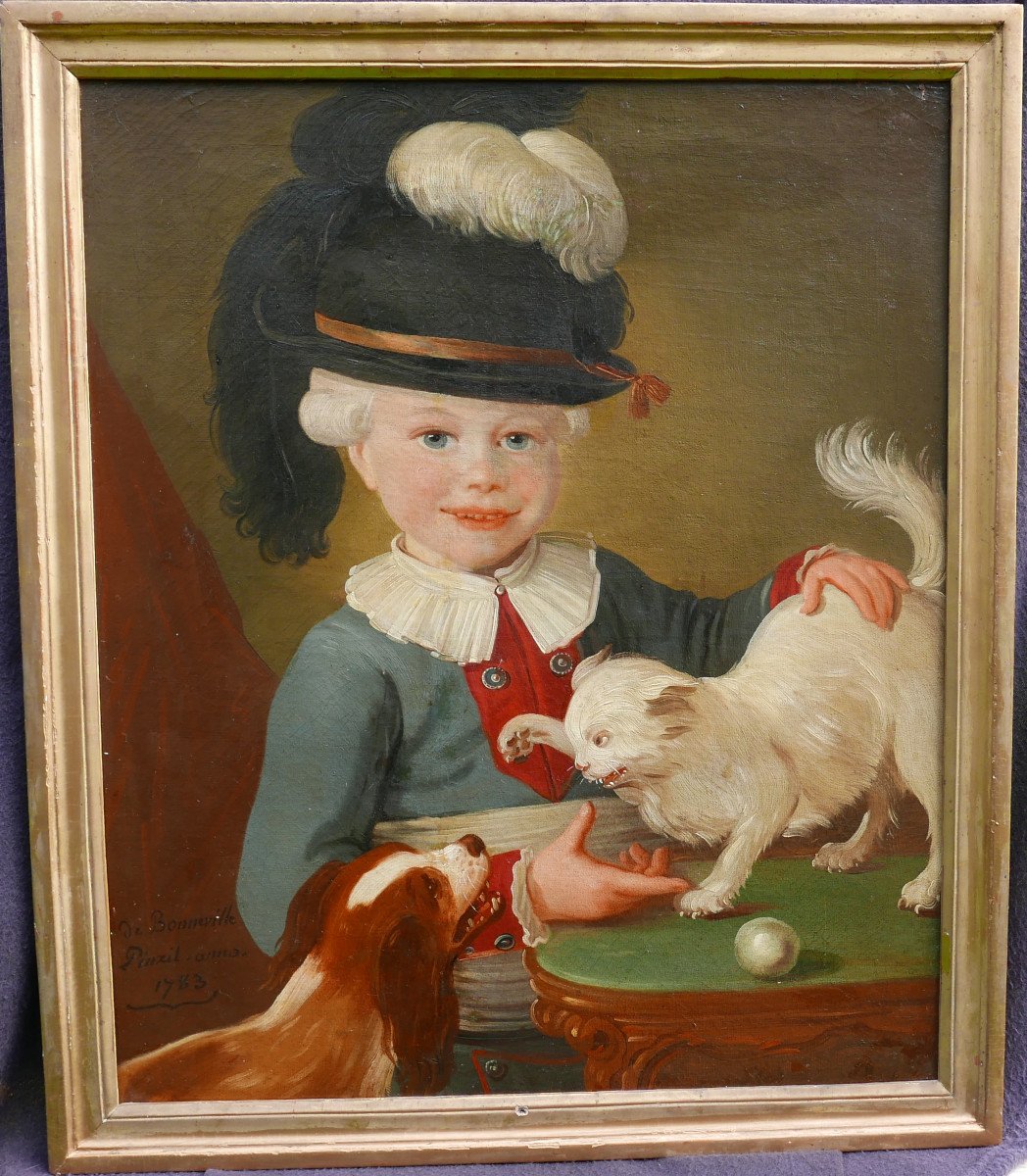 Bonneville Portrait Of Young Man Dog And Cat Oil/canvas From The 18th Century