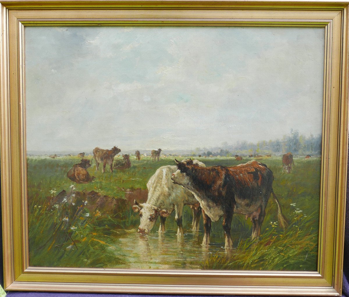 Tableau De Vaches Paysage Bord De Rivière Huile/toile De La Fin Du XIXème Siècle-photo-2