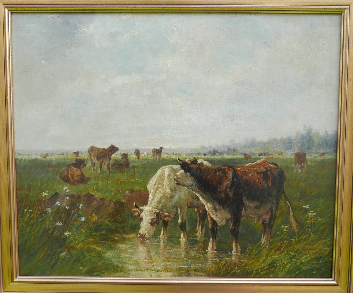 Tableau De Vaches Paysage Bord De Rivière Huile/toile De La Fin Du XIXème Siècle-photo-1