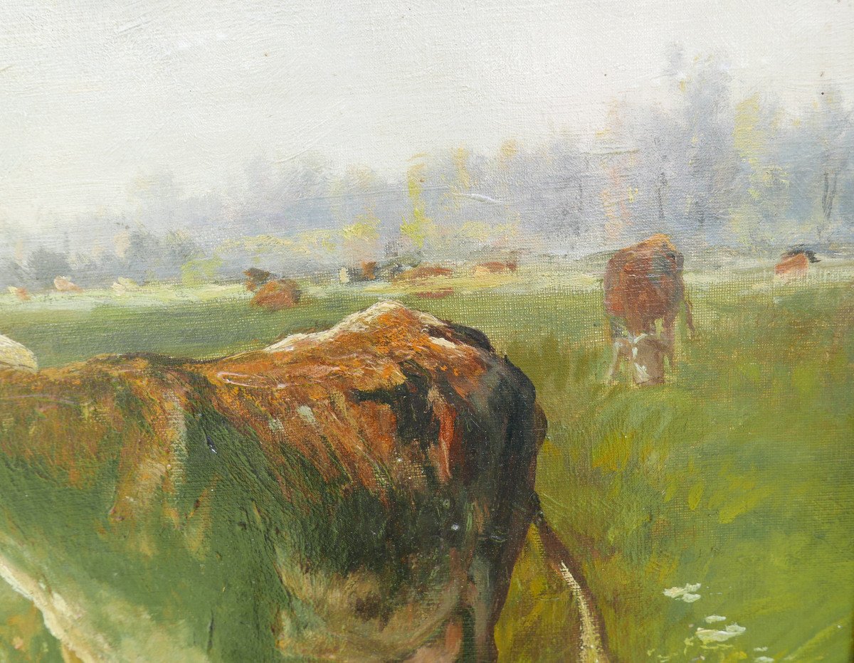 Tableau De Vaches Paysage Bord De Rivière Huile/toile De La Fin Du XIXème Siècle-photo-4