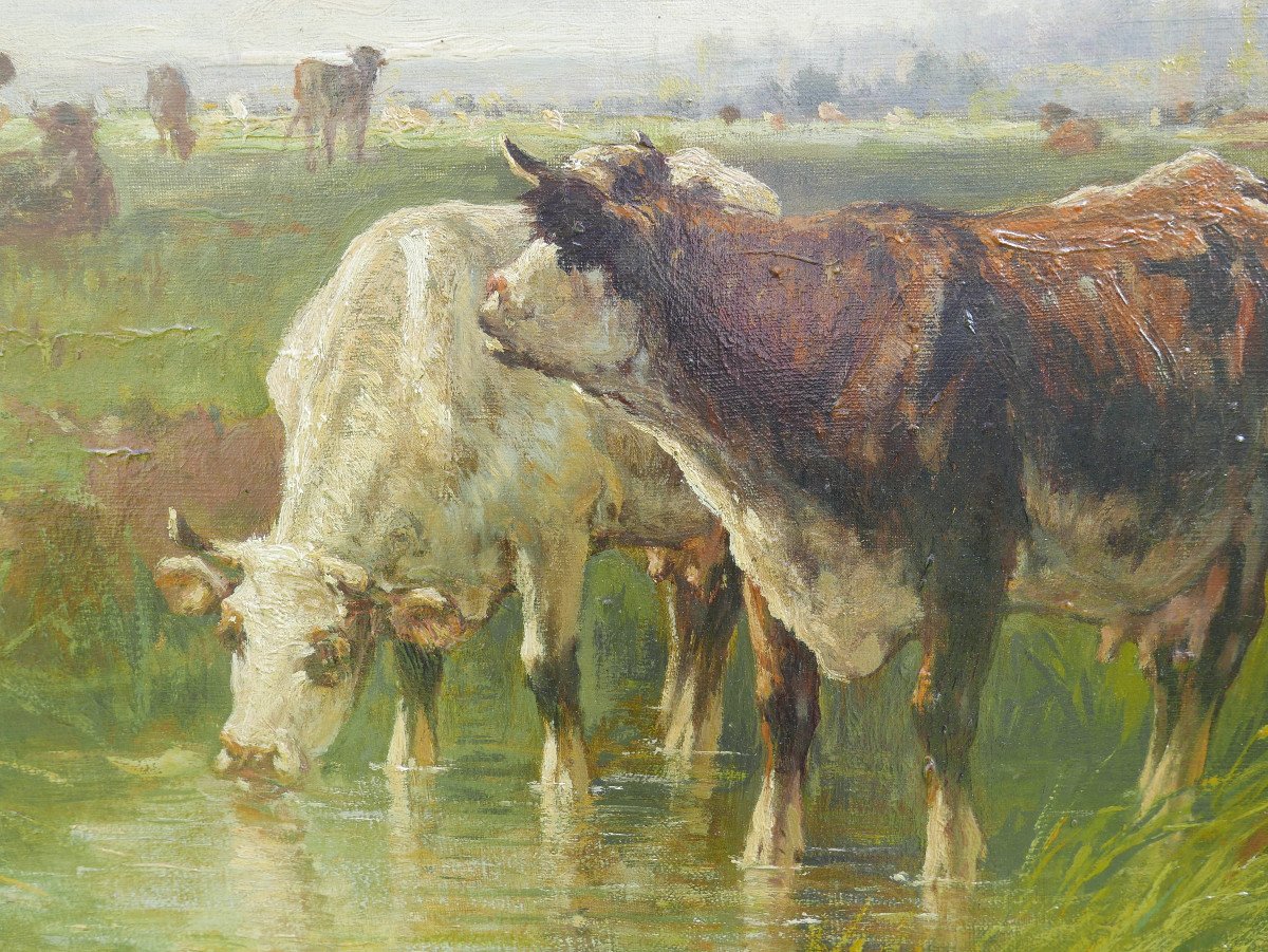Tableau De Vaches Paysage Bord De Rivière Huile/toile De La Fin Du XIXème Siècle-photo-5