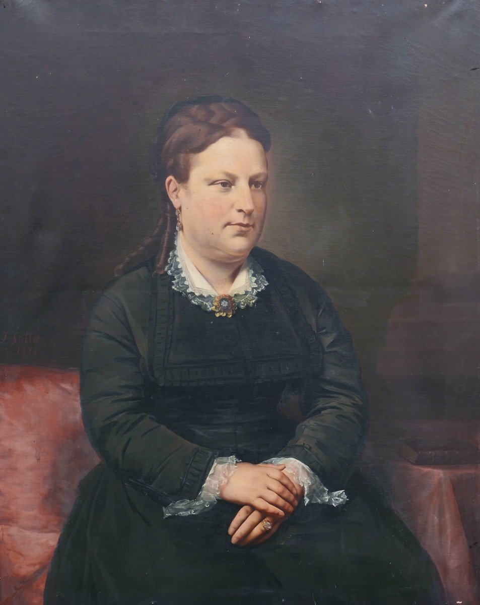 Joachim Sotta Grand Portrait De Femme Huile/toile Du XIXème Siècle-photo-2