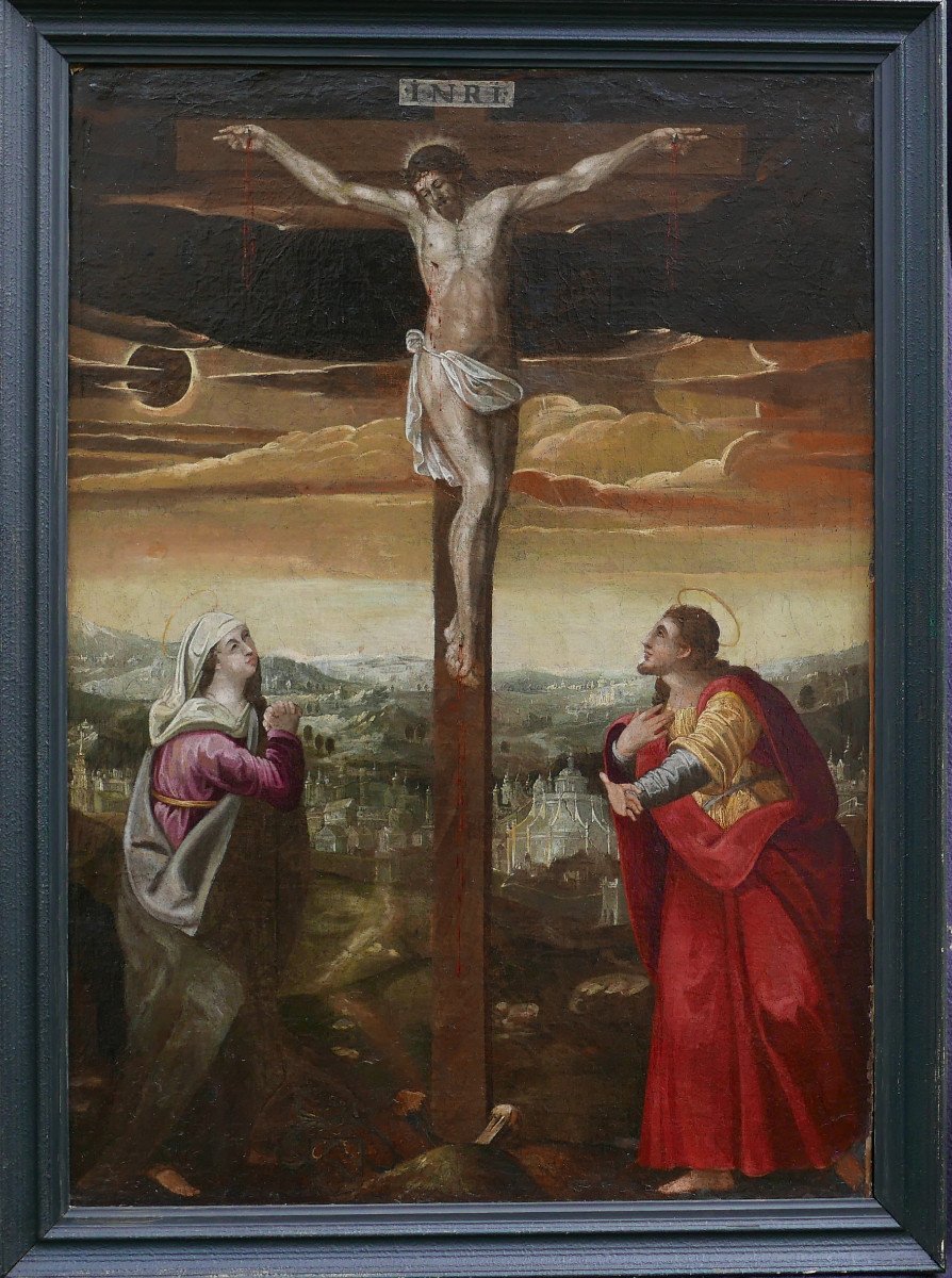 Large Religious Scene Crucifixion Of Jesus Christ Oil/canvas From The 17th Century-photo-2