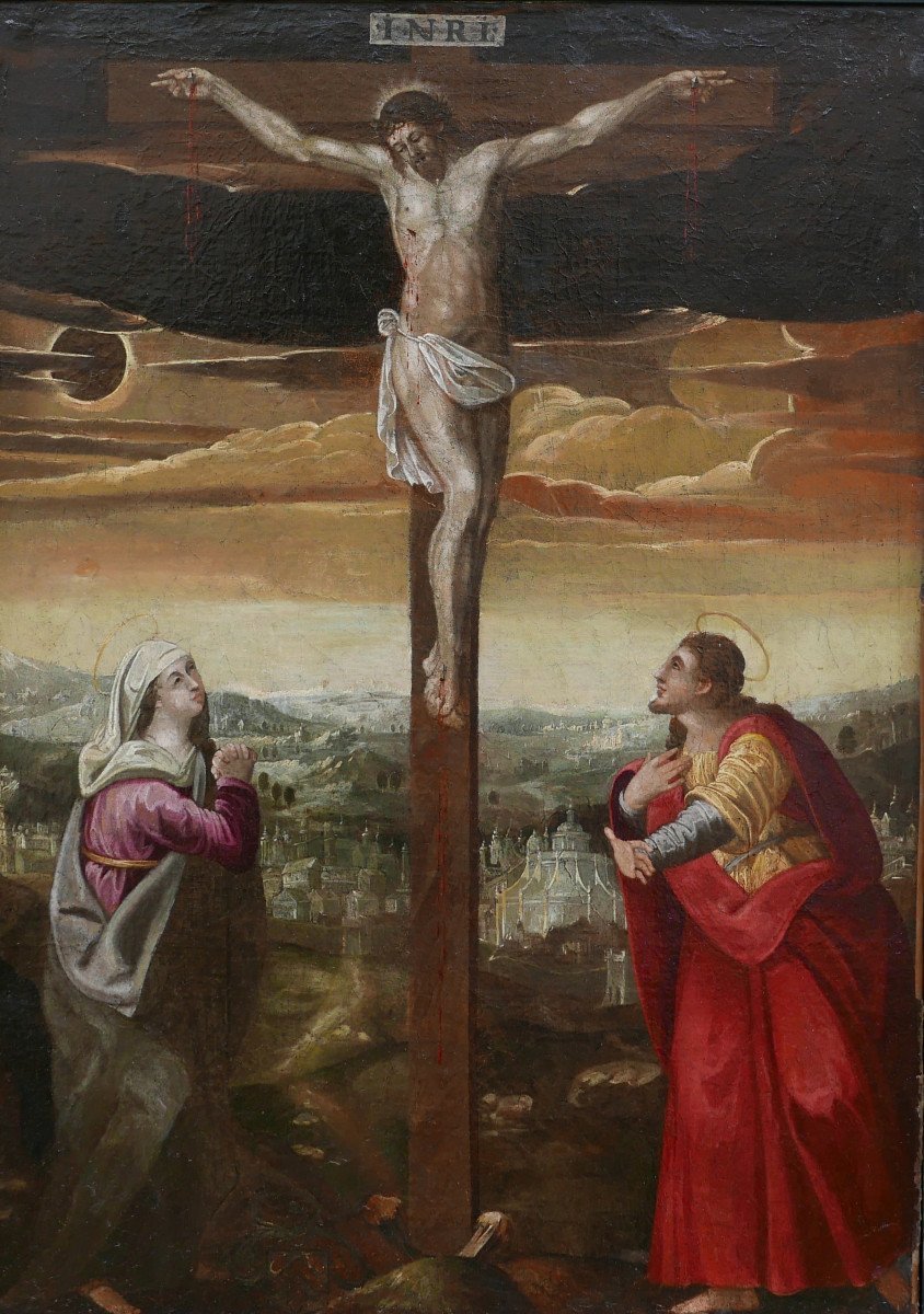 Large Religious Scene Crucifixion Of Jesus Christ Oil/canvas From The 17th Century-photo-3