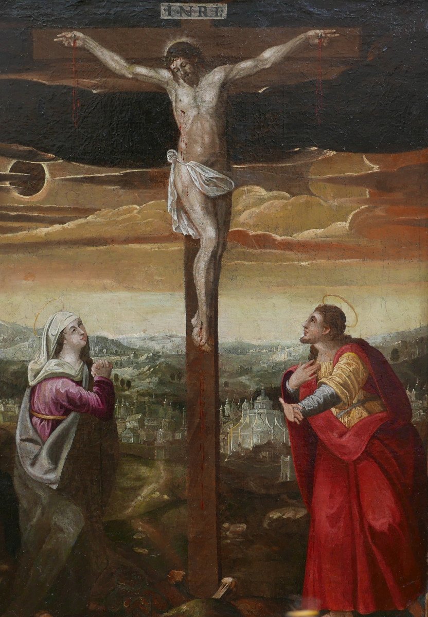 Large Religious Scene Crucifixion Of Jesus Christ Oil/canvas From The 17th Century-photo-4