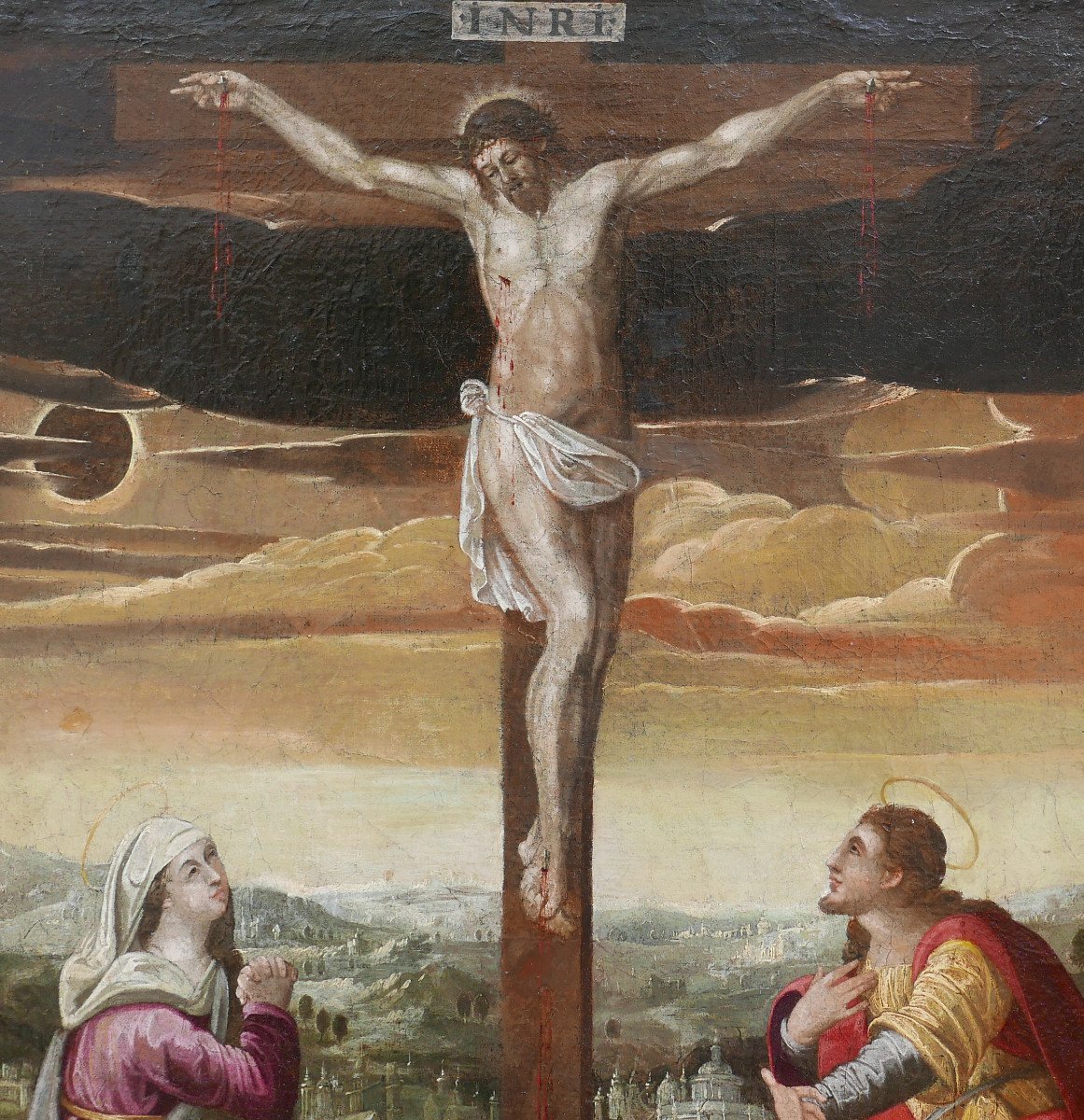 Large Religious Scene Crucifixion Of Jesus Christ Oil/canvas From The 17th Century-photo-1