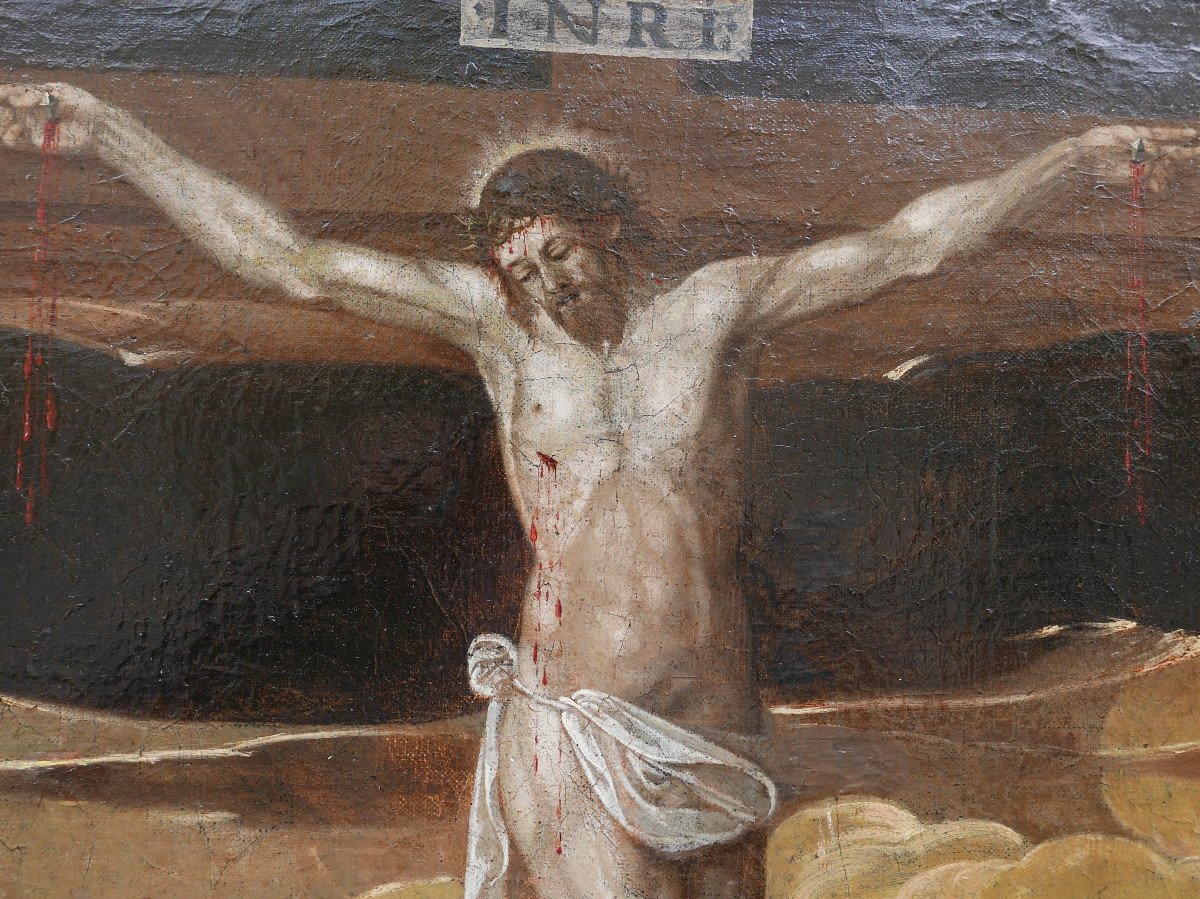 Large Religious Scene Crucifixion Of Jesus Christ Oil/canvas From The 17th Century-photo-5