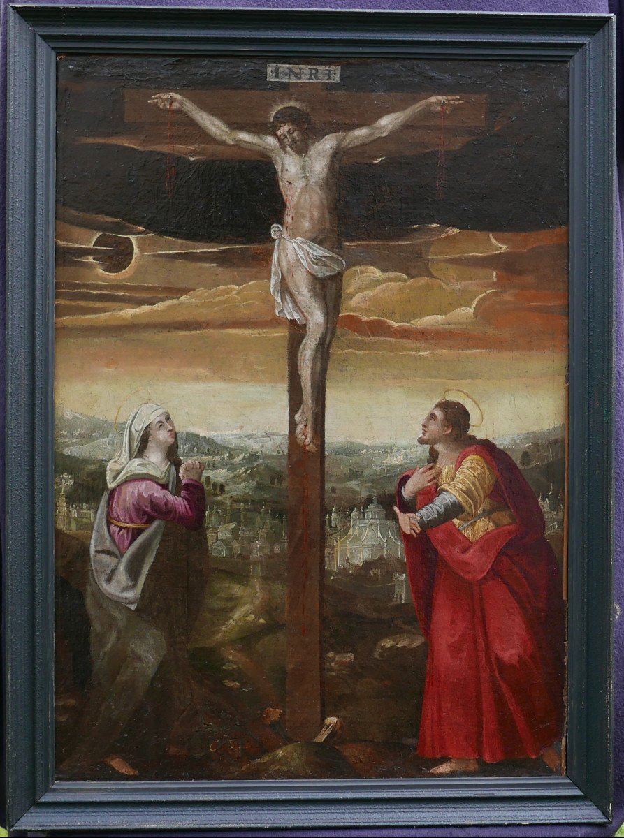 Large Religious Scene Crucifixion Of Jesus Christ Oil/canvas From The 17th Century