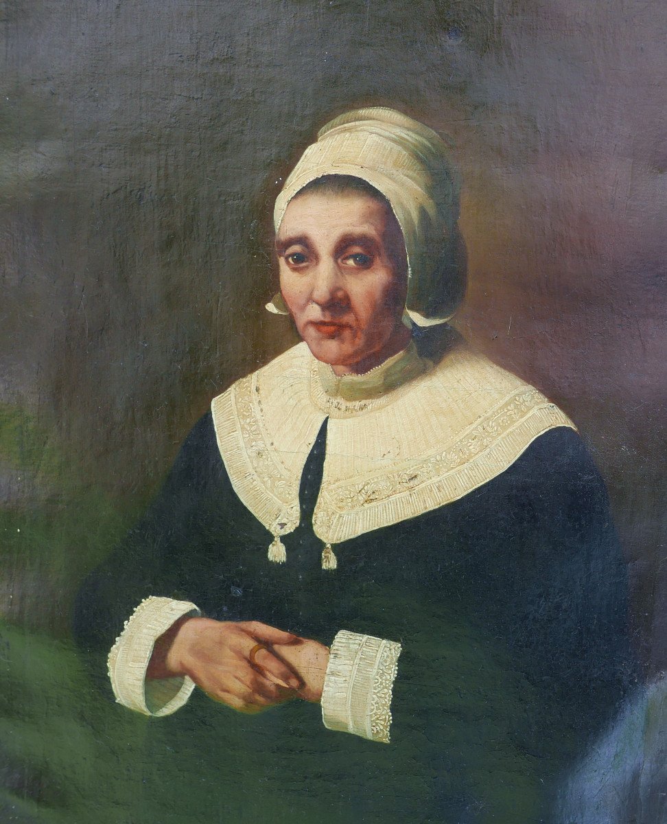 Portrait De Femme à La Coiffe Ecole Flamande Huile/toile Début XIXème Siècle-photo-4
