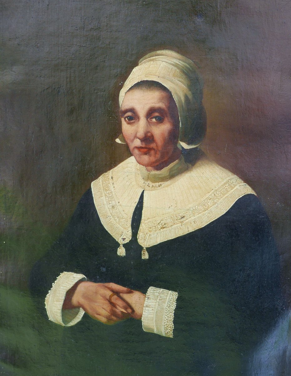 Portrait De Femme à La Coiffe Ecole Flamande Huile/toile Début XIXème Siècle-photo-1