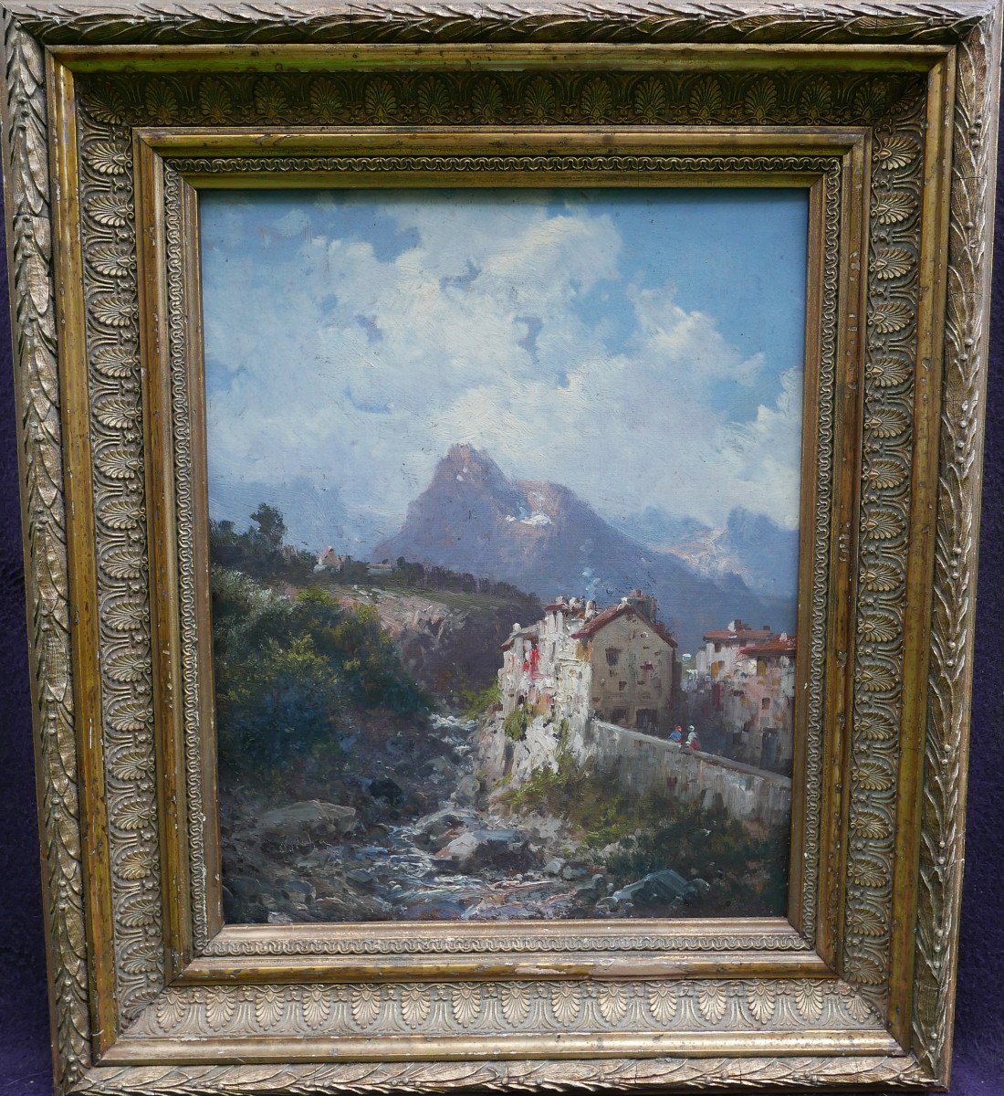 Alfred Godchaux Landscape Painting Mountain Village Oil/canvas From The 19th Century-photo-2