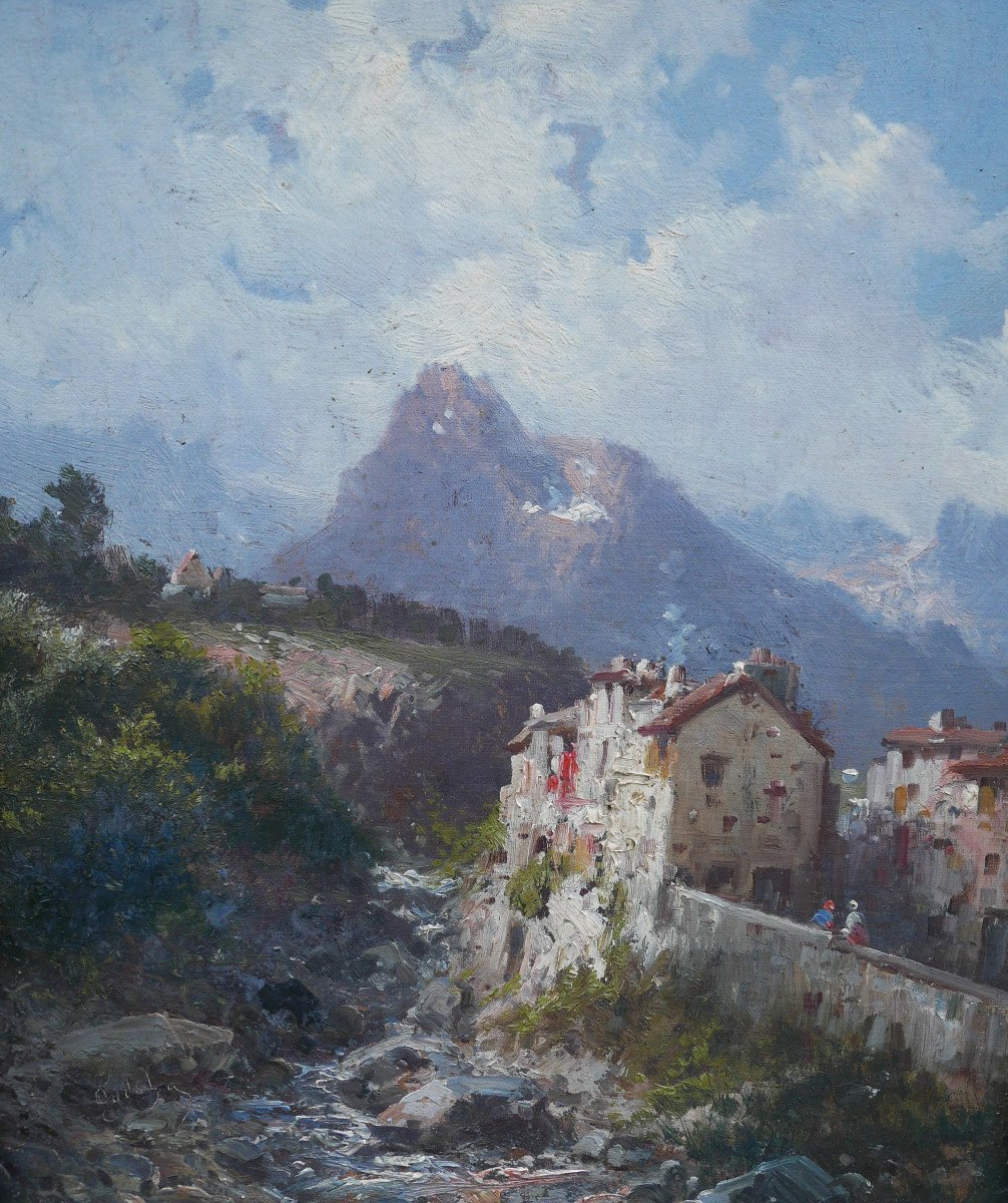 Alfred Godchaux Landscape Painting Mountain Village Oil/canvas From The 19th Century-photo-1