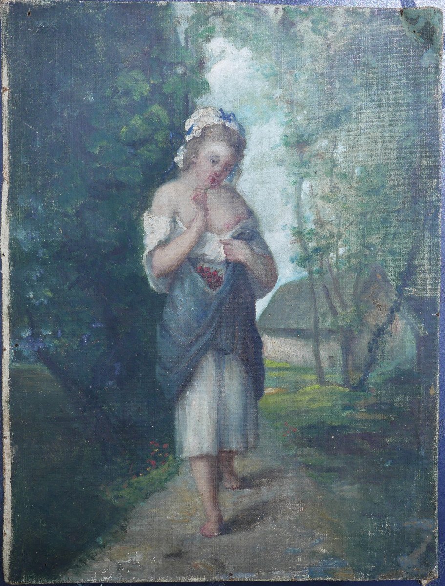 Portrait De Jeune Femme Aux Cerises Huile/toile Du XIXème Siècle-photo-2