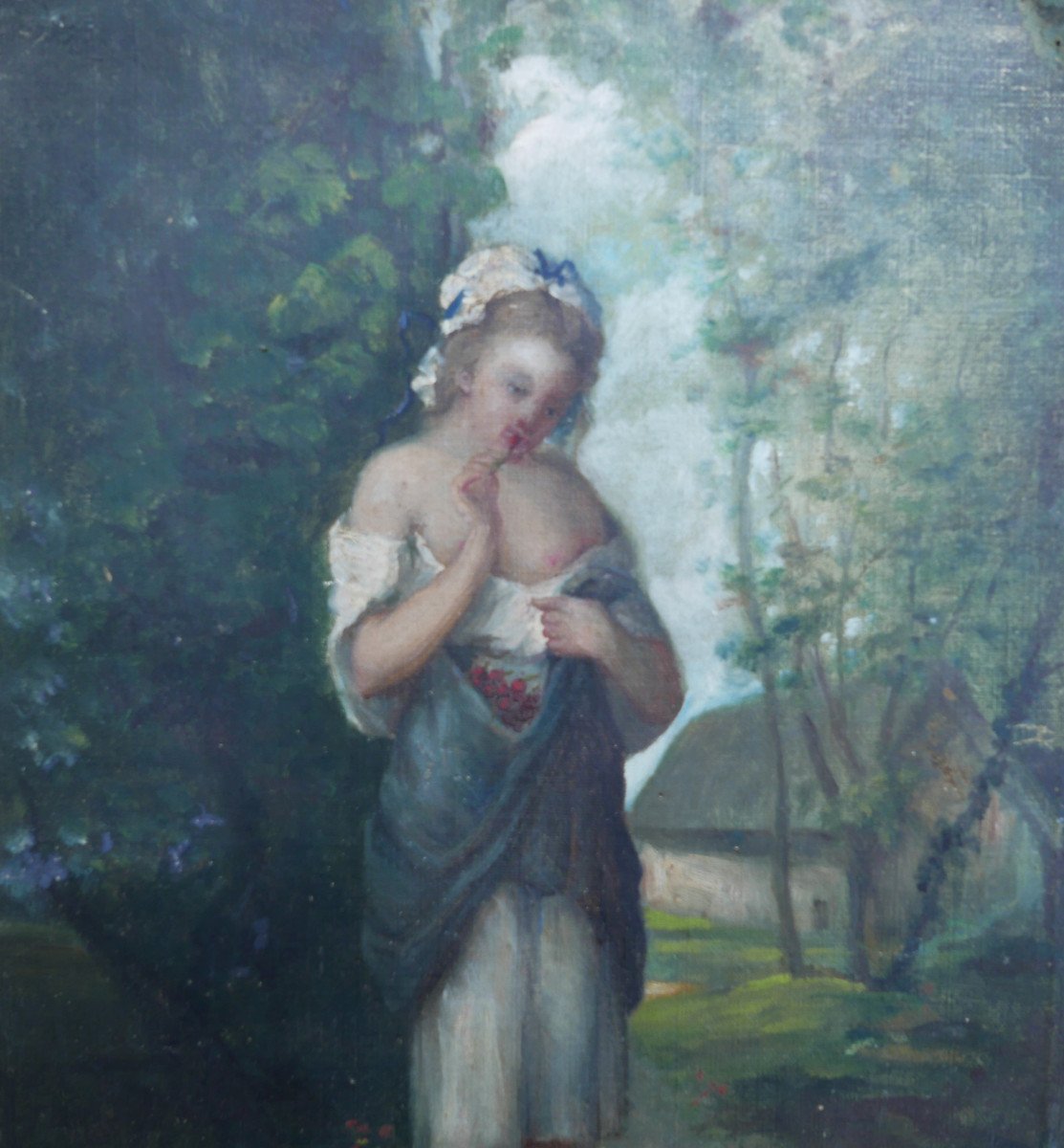 Portrait De Jeune Femme Aux Cerises Huile/toile Du XIXème Siècle-photo-3