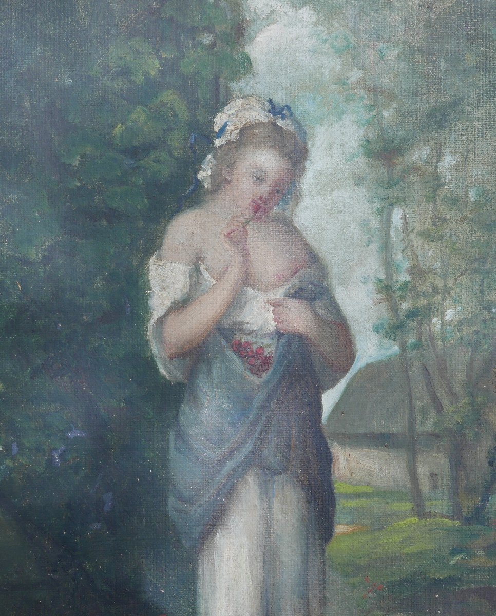 Portrait De Jeune Femme Aux Cerises Huile/toile Du XIXème Siècle-photo-1