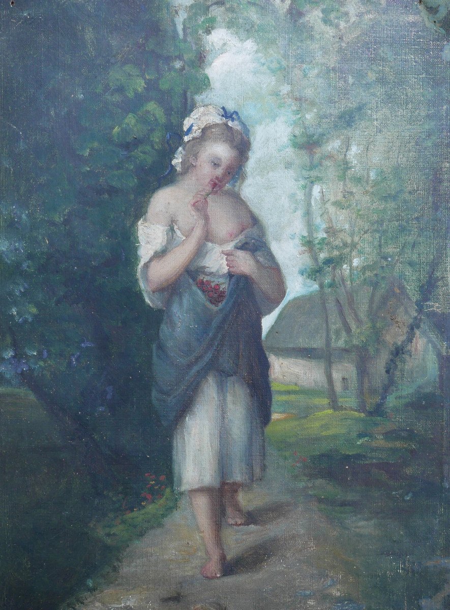 Portrait De Jeune Femme Aux Cerises Huile/toile Du XIXème Siècle