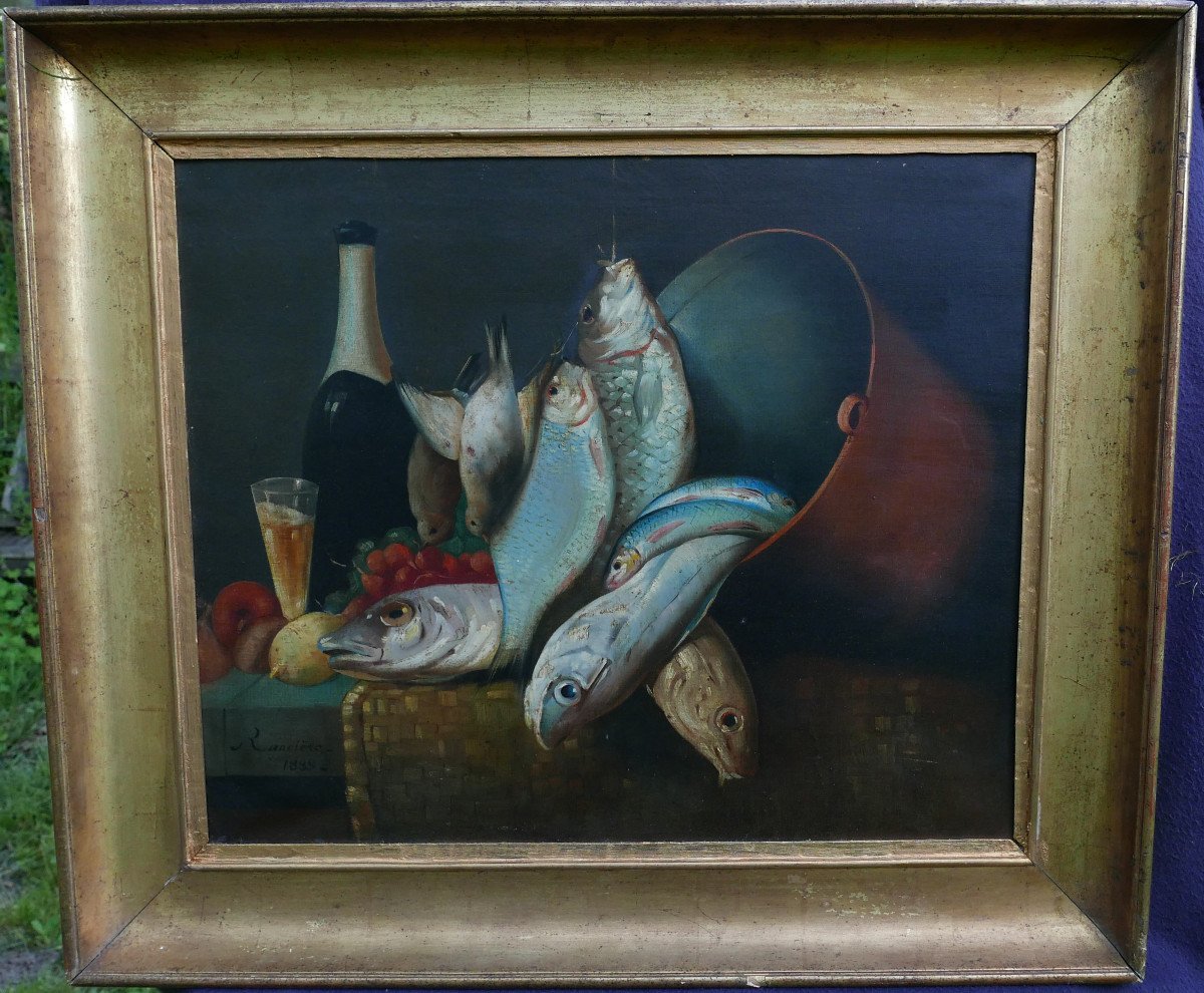 Rancière Painting Still Life With Fish Oil/canvas From The 19th Century Signed-photo-2