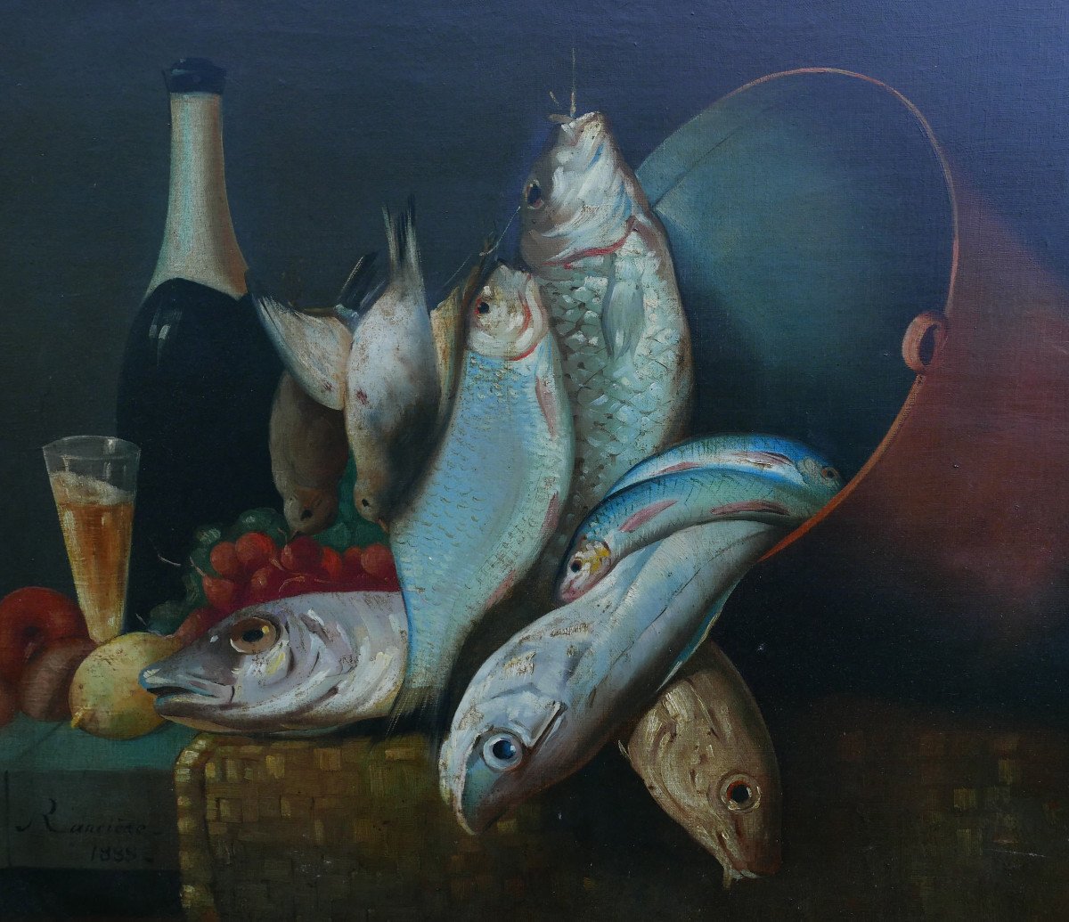 Rancière Painting Still Life With Fish Oil/canvas From The 19th Century Signed-photo-1