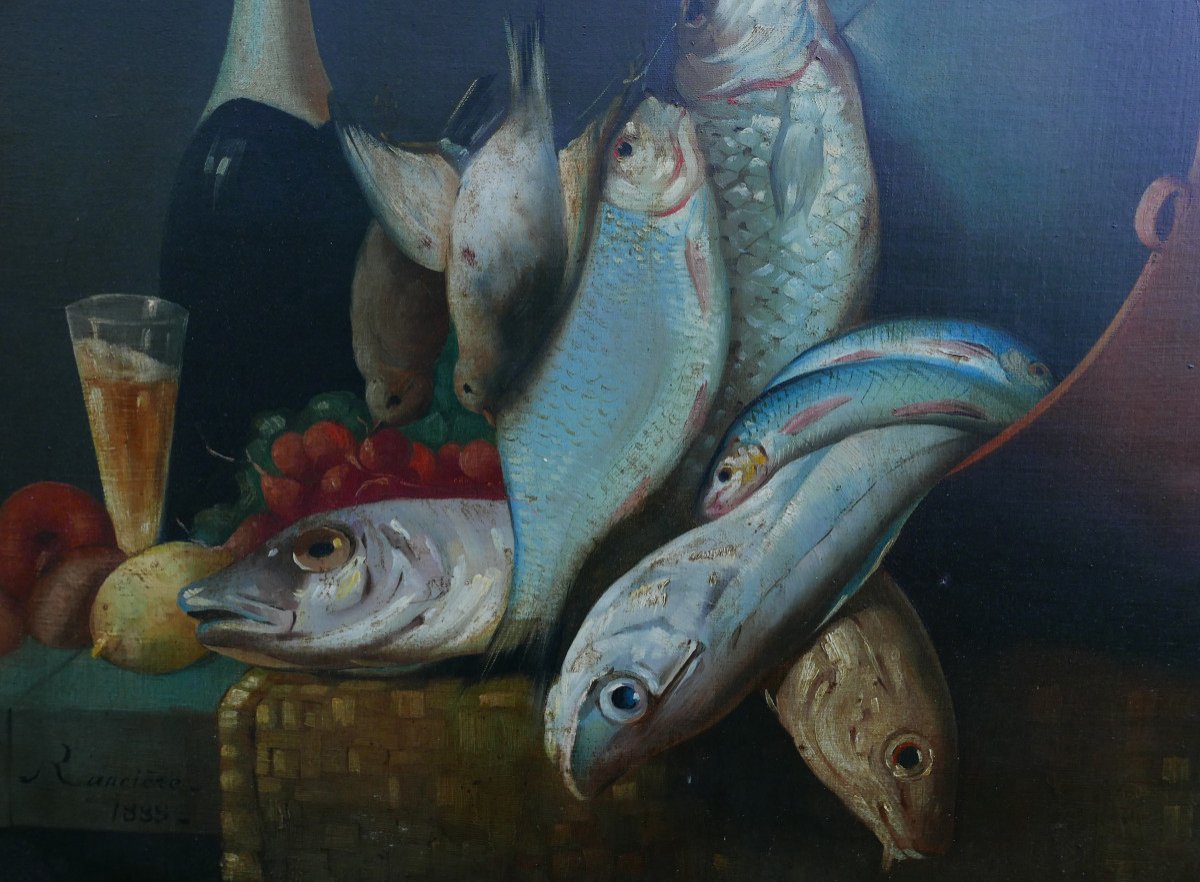 Rancière Painting Still Life With Fish Oil/canvas From The 19th Century Signed-photo-2