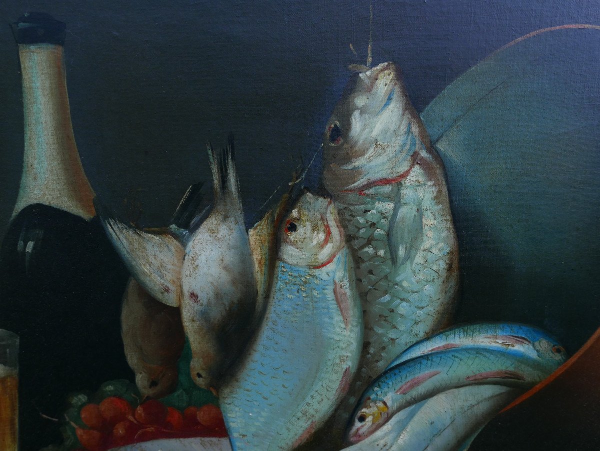 Rancière Painting Still Life With Fish Oil/canvas From The 19th Century Signed-photo-4