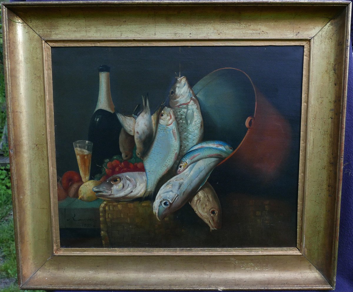Rancière Painting Still Life With Fish Oil/canvas From The 19th Century Signed
