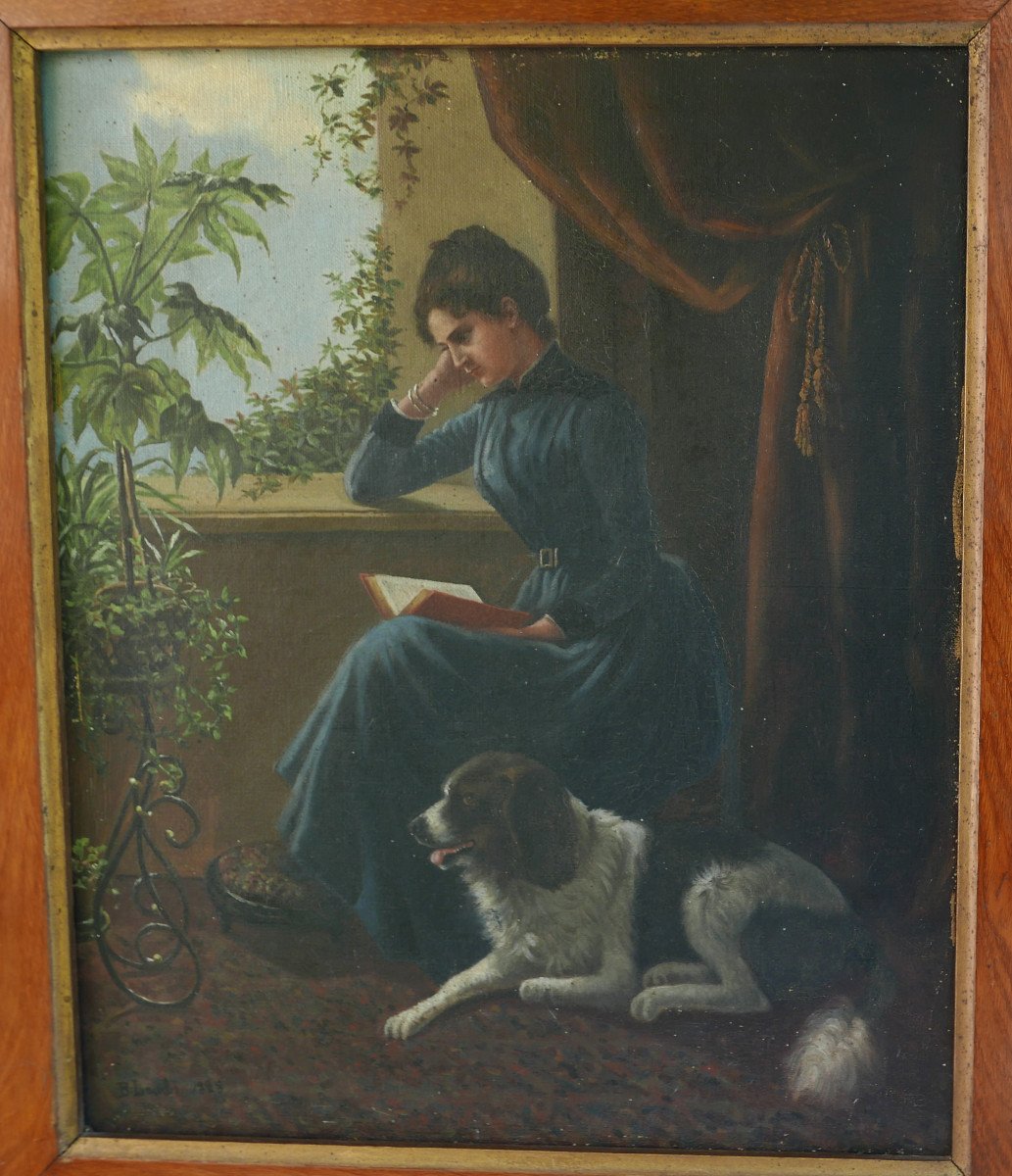 Portrait Of Woman At La Lecure And Her Dog Oil/canvas Late 19th Century Signed-photo-2