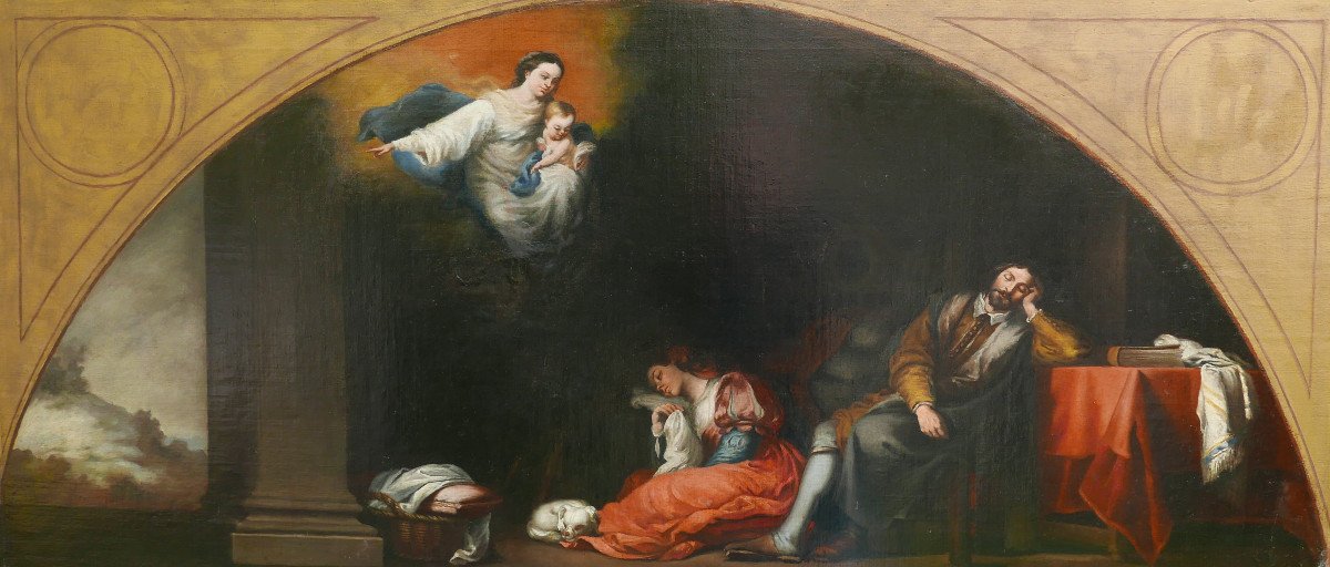 Scène De Genre Le Rêve Du Patricien d'Après Murillo Huile/toile Du XIXème Siècle-photo-2