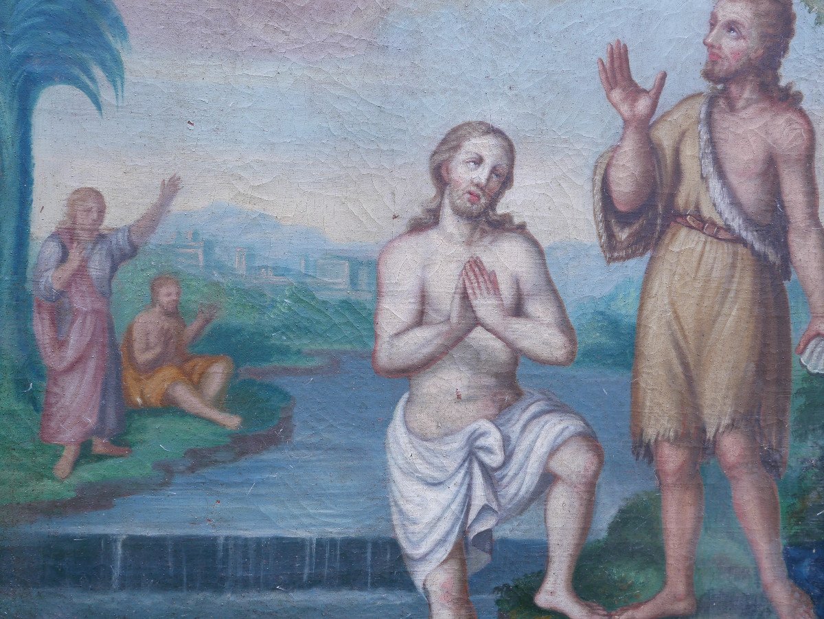 Tableau Scène Religieuse Baptême De Jésus Huile/toile Du XVIIIème Siècle-photo-5