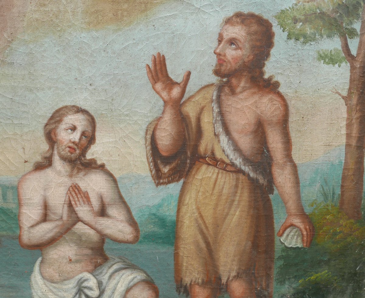 Tableau Scène Religieuse Baptême De Jésus Huile/toile Du XVIIIème Siècle-photo-7