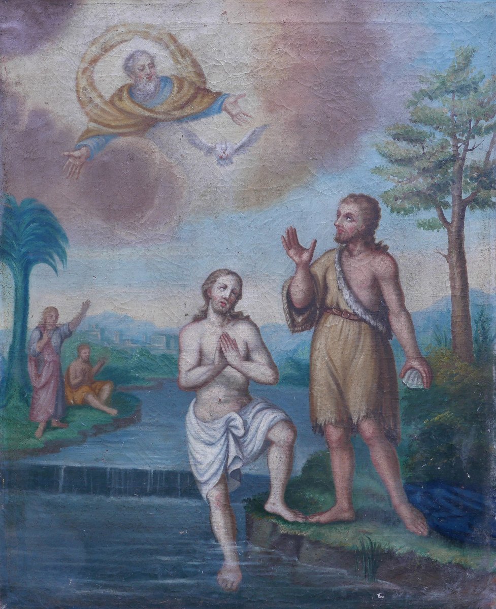 Tableau Scène Religieuse Baptême De Jésus Huile/toile Du XVIIIème Siècle