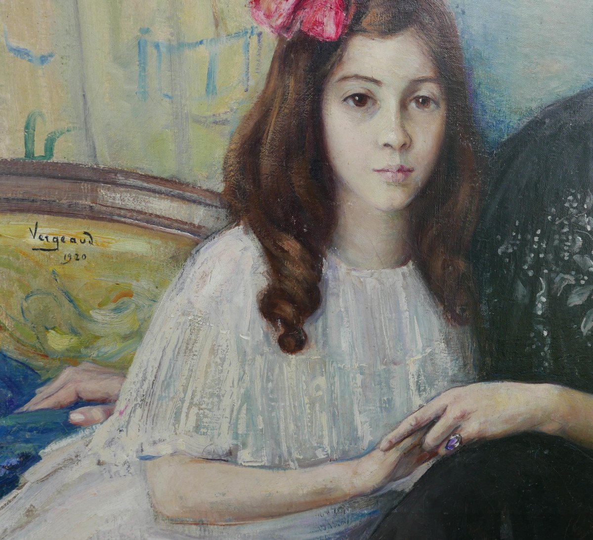 Vergeaud Grand Portrait d'Une Femme Et Ses Filles Huile/toile Début XXème Siècle-photo-5