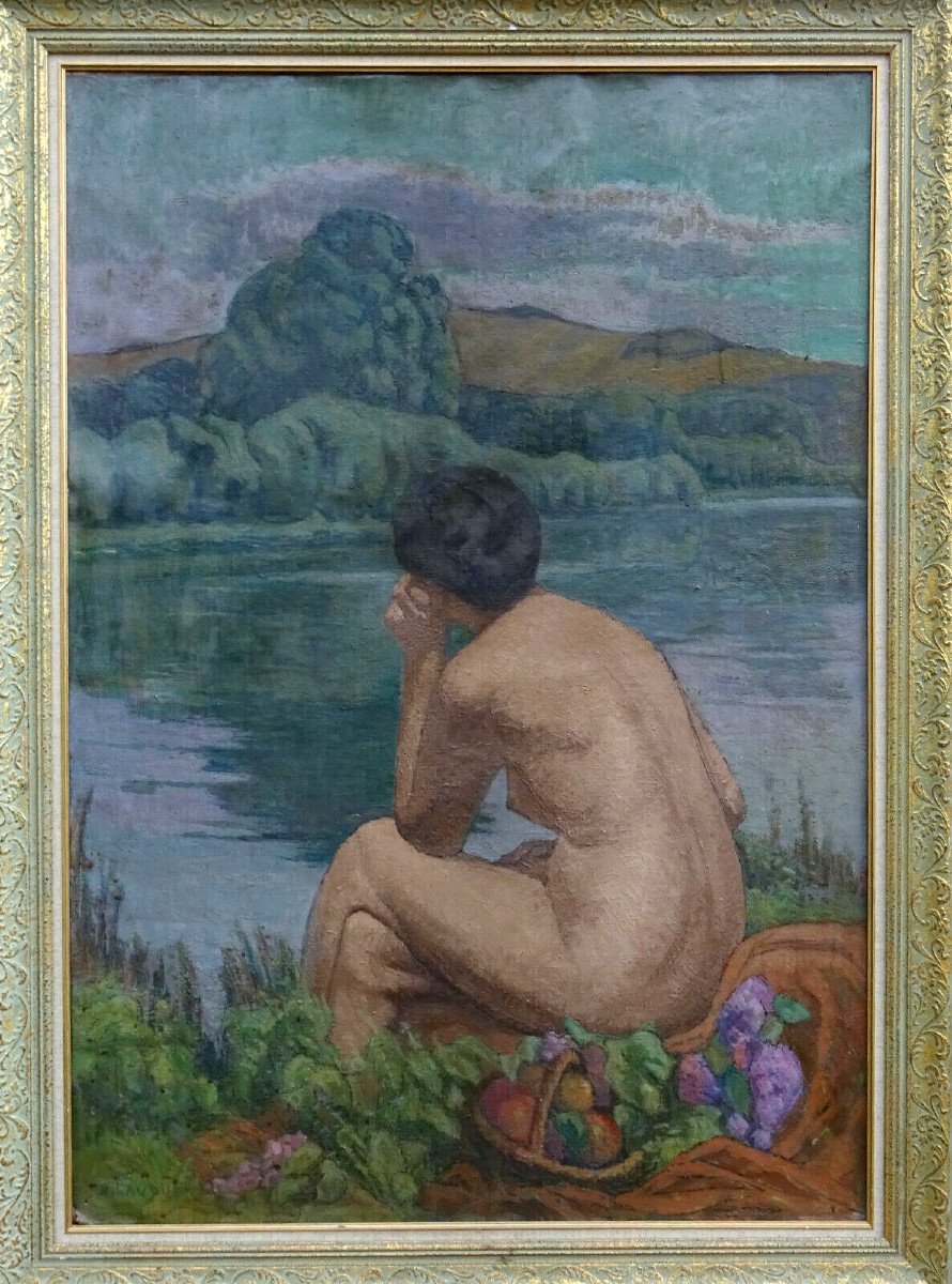 Henri Lavoué Large Portrait Bather Oil/canvas Early 20th Century-photo-2