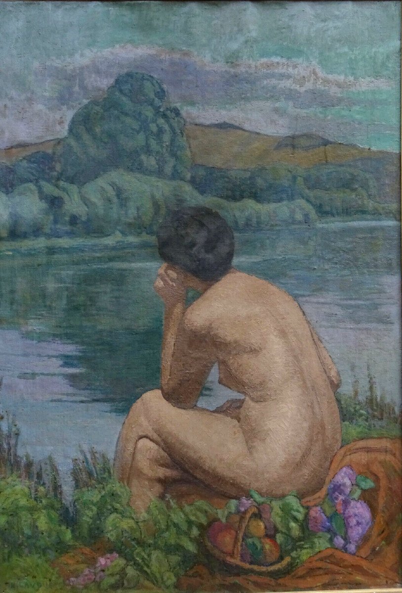 Henri Lavoué Large Portrait Bather Oil/canvas Early 20th Century-photo-3