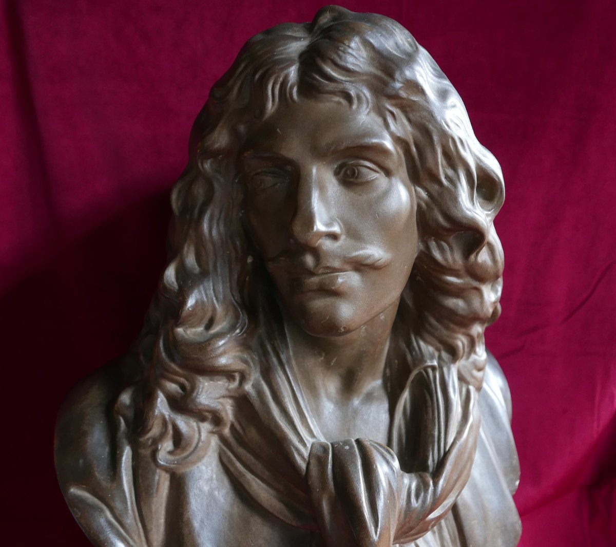 Bust Of Molière In Plaster With Bronze Patina From The 19th Century After Ja Houdon-photo-3