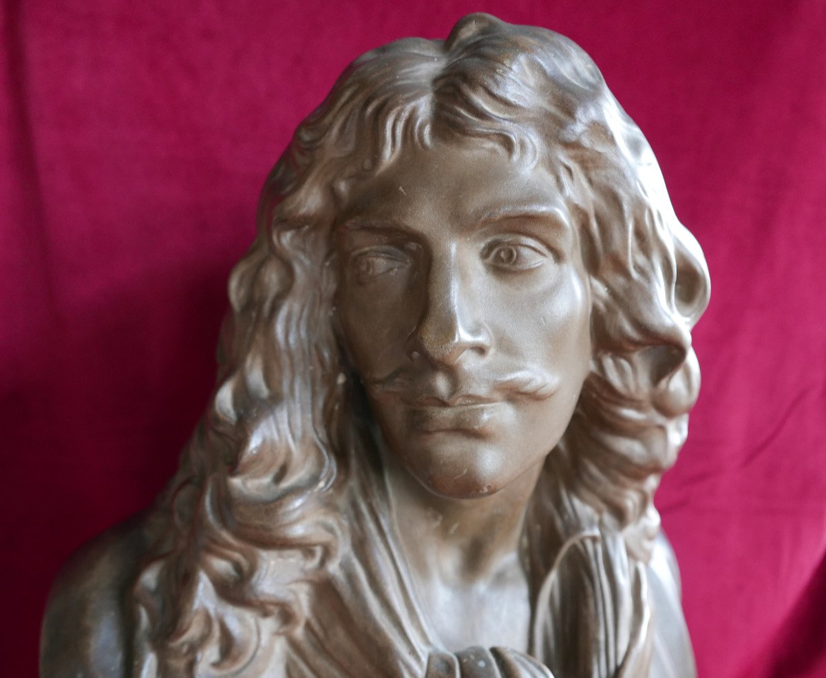 Bust Of Molière In Plaster With Bronze Patina From The 19th Century After Ja Houdon-photo-4