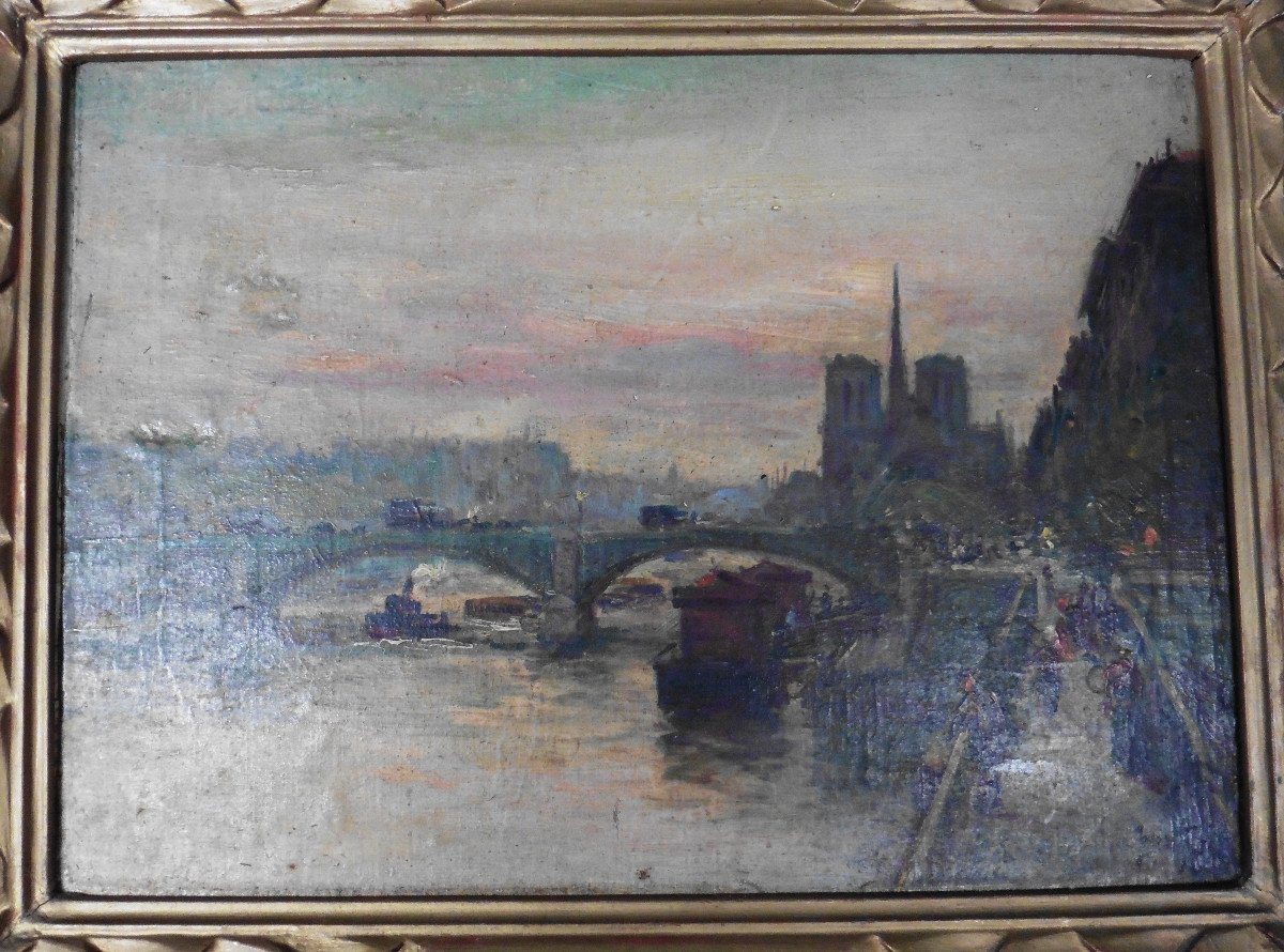 Tableau Paysage Paris La Seine Bateau Vapeur Huile/toile XIXème Siècle Signé-photo-3