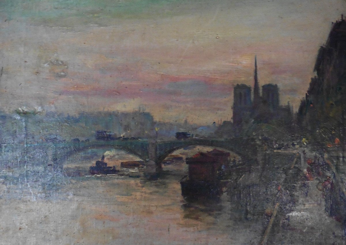 Tableau Paysage Paris La Seine Bateau Vapeur Huile/toile XIXème Siècle Signé-photo-1